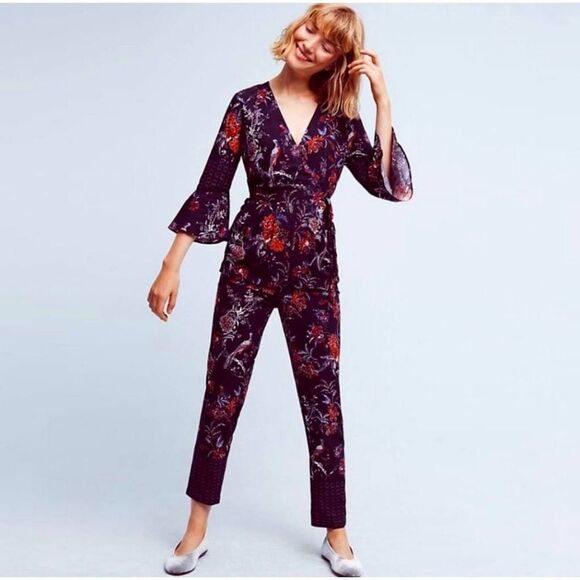 Maeve Anthropologie 3/4 bell sleeve tapered leg tie waist jumpsuit - Picture 1 of 13
